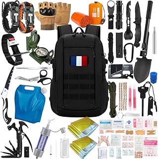 kit de Survie XXL + Trousse De Secours Ultra Complete - Mini Pelle Pioche Pliante - scie - Boussole - Paracorde - Couteau Pliant Multifonction - Allume Feu - Lampe Torche - Filtre à Eau - Garrot...